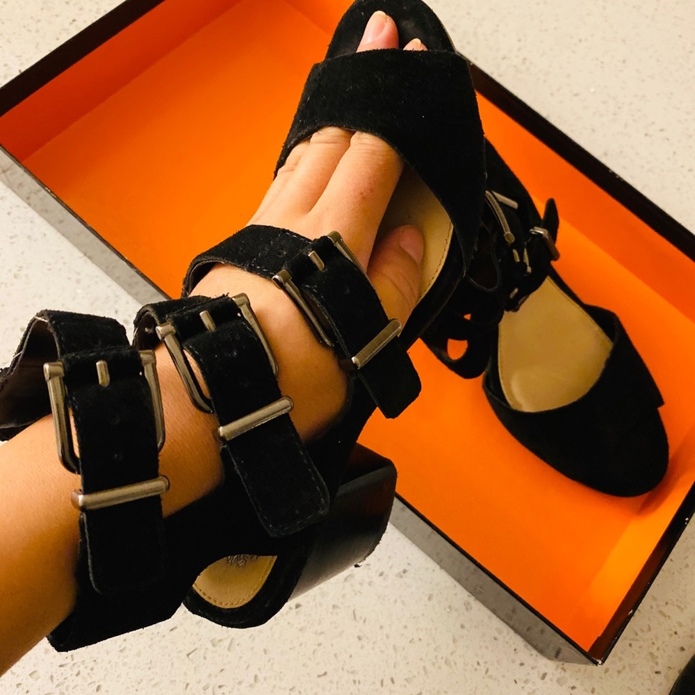 Vince Camuto suede triple buckle block heel sandals